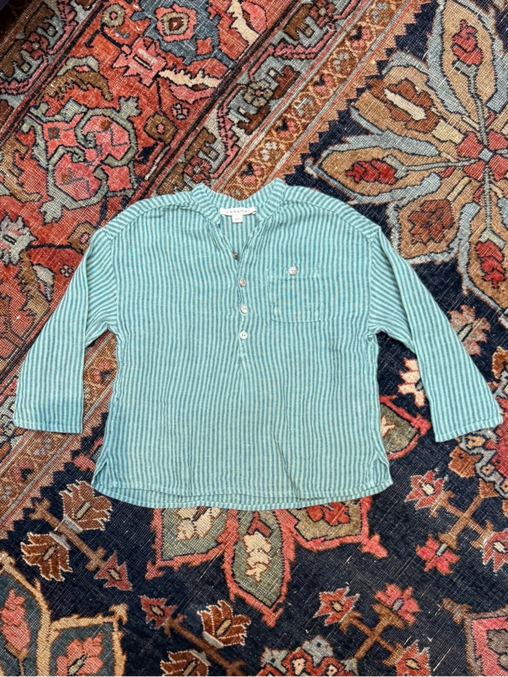 Caramel Teal and White Linen Striped Henley Long Sleeve Top